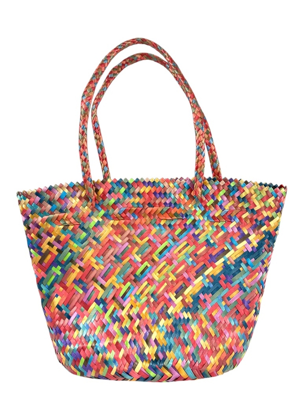 Rainbow Woven Straw Tote Braided Handle Lightweight Ombre Gradient Vibrant Bag